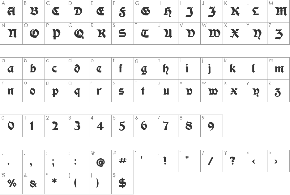 Moderne Fette Schwabacher UNZ1A font character map preview