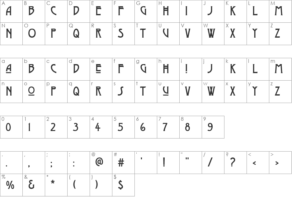 Moderno Three font character map preview