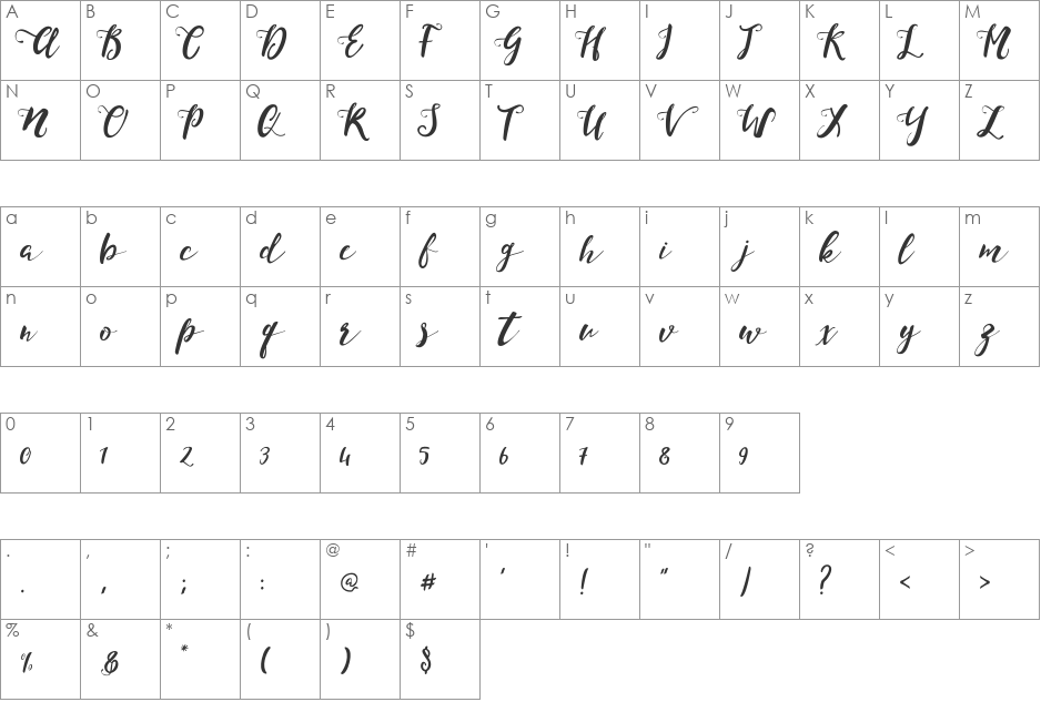 Monica Script font character map preview