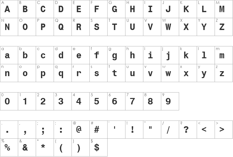 Monospac821 BT font character map preview