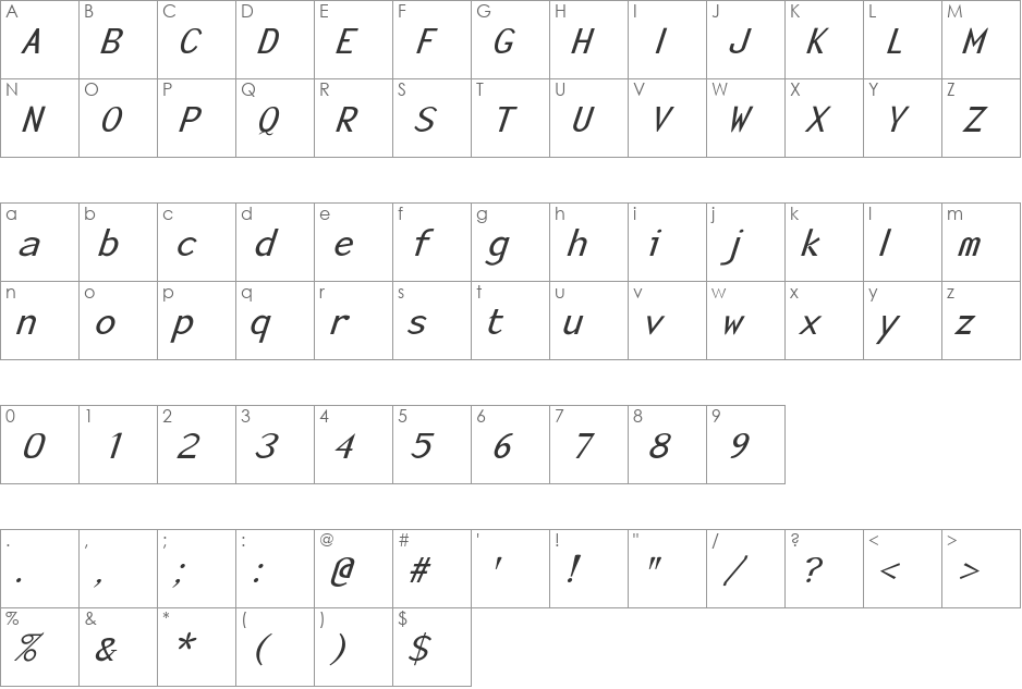 Monotony-Italic font character map preview