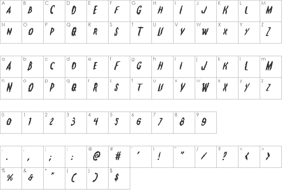 Monsterama Expanded Italic font character map preview