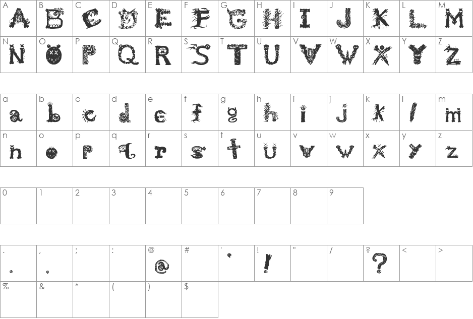 Monstrous Zosimus font character map preview