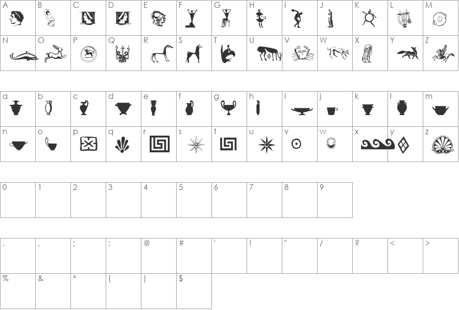 AcropolisExtras font character map preview