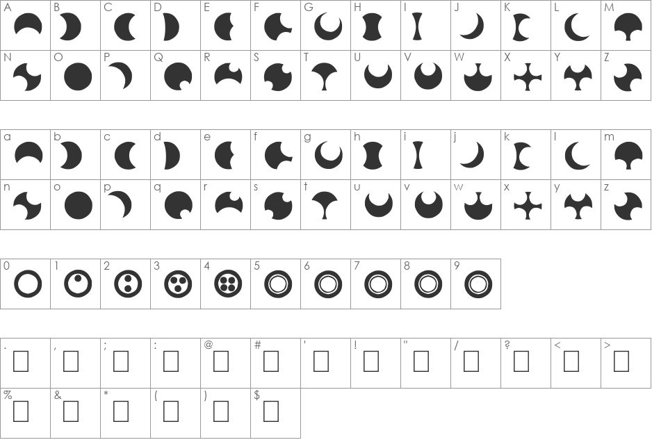 Moonogram font character map preview