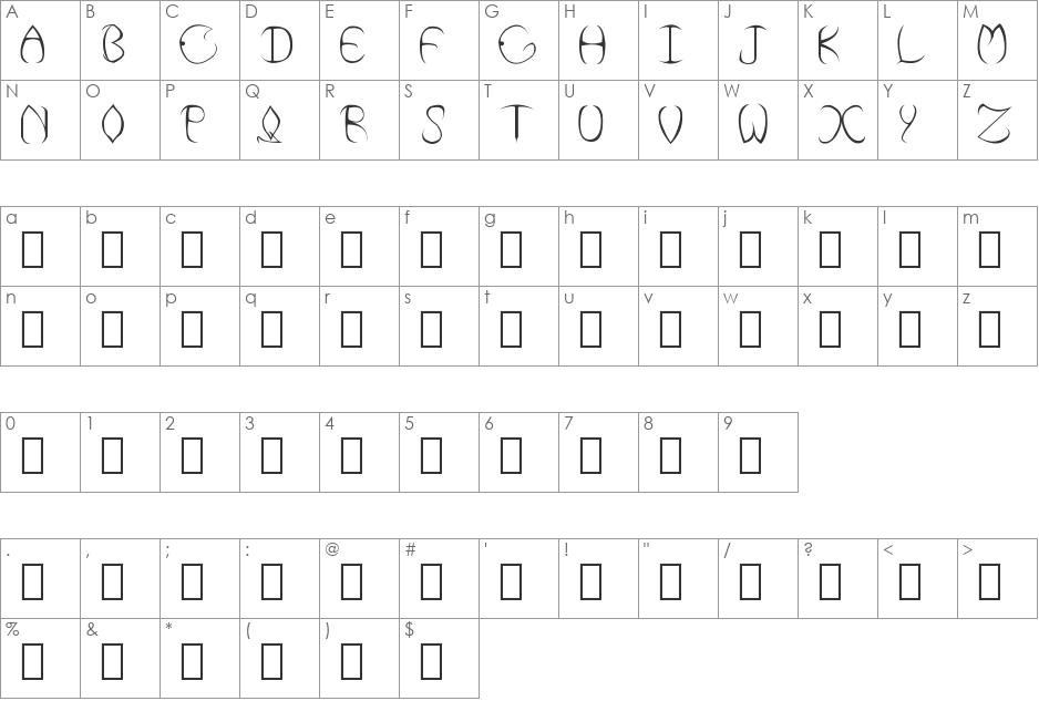 Moonshadow font character map preview