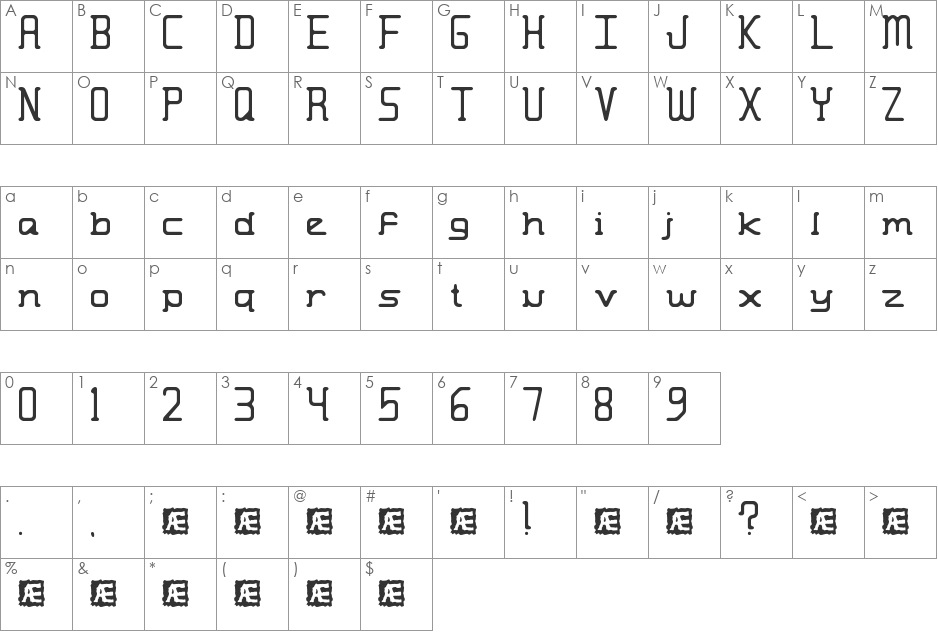 Moronic Misfire BRK font character map preview