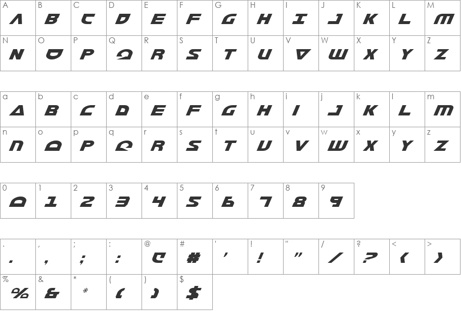 Morse NK Condensed Italic font character map preview
