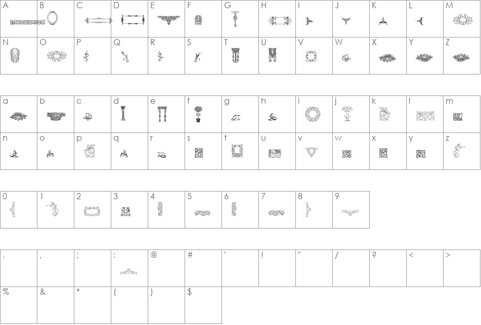 Mortised Ornaments Two font character map preview