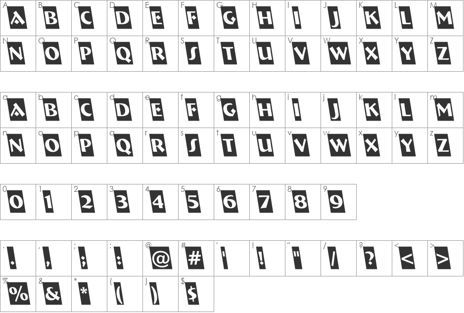 a_BremenCmRevObl font character map preview