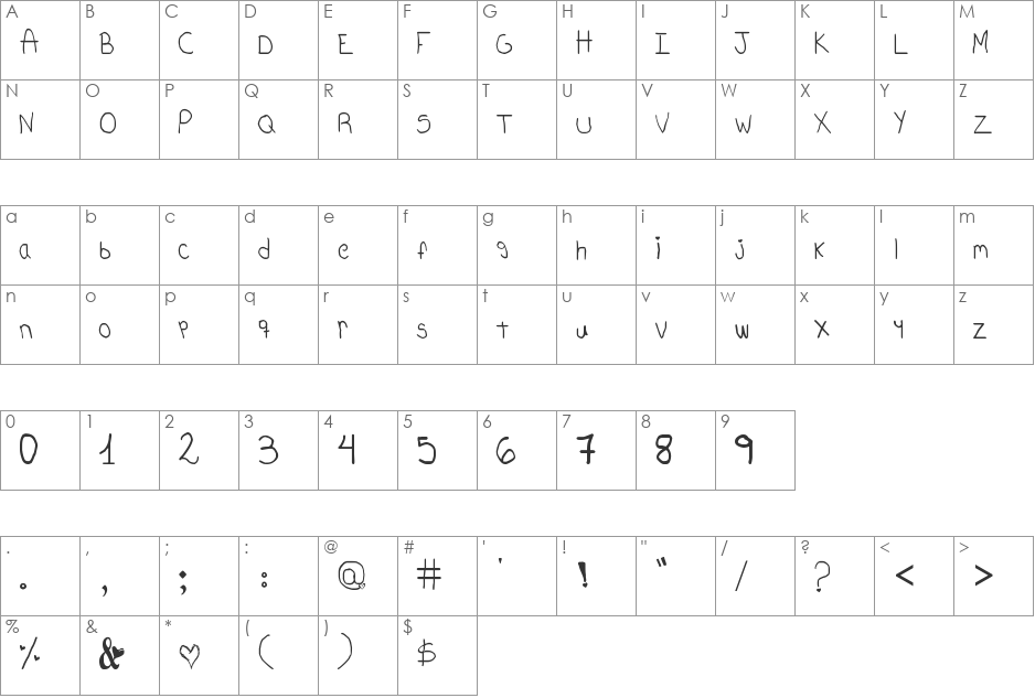 MouseWritten! font character map preview