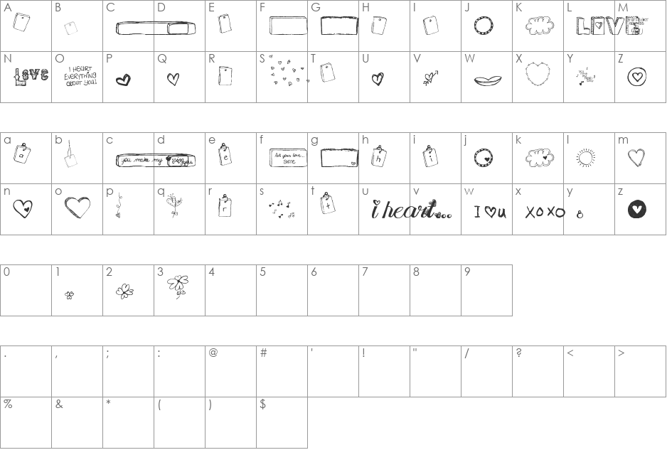 MTF i heart Sketches font character map preview