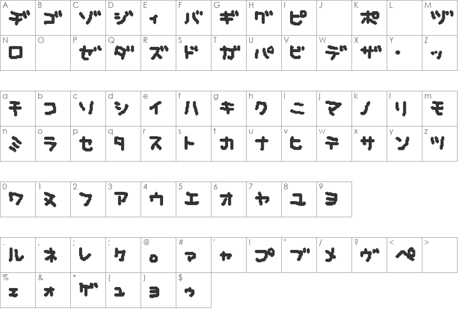 musekinin-katakana font character map preview