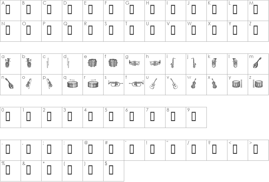 musical instruments, 1st chair font character map preview