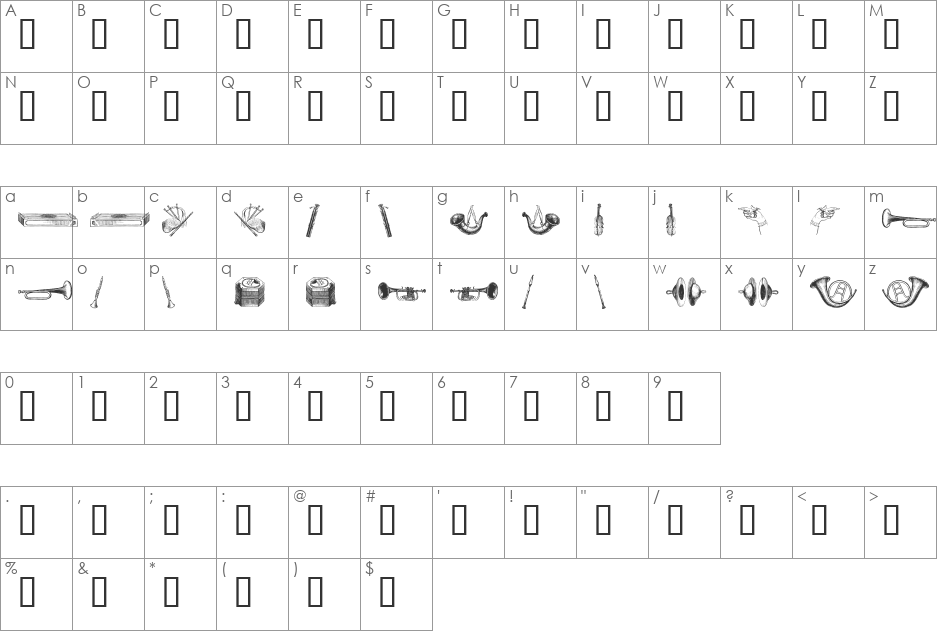 musical instruments, 2nd chair font character map preview