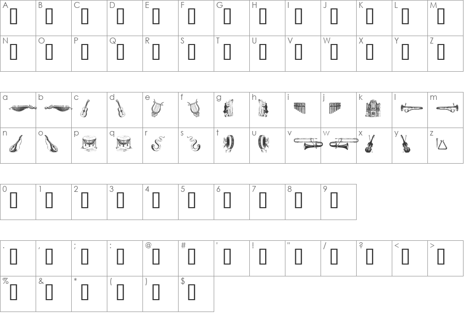 musical instruments, 3rd chair font character map preview