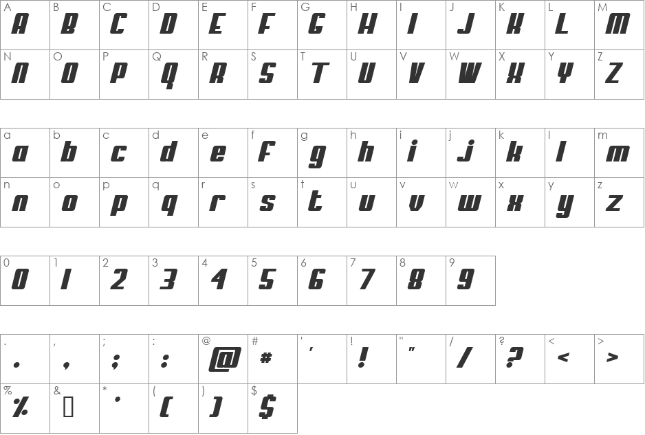 My Puma Oblique Outlined font character map preview