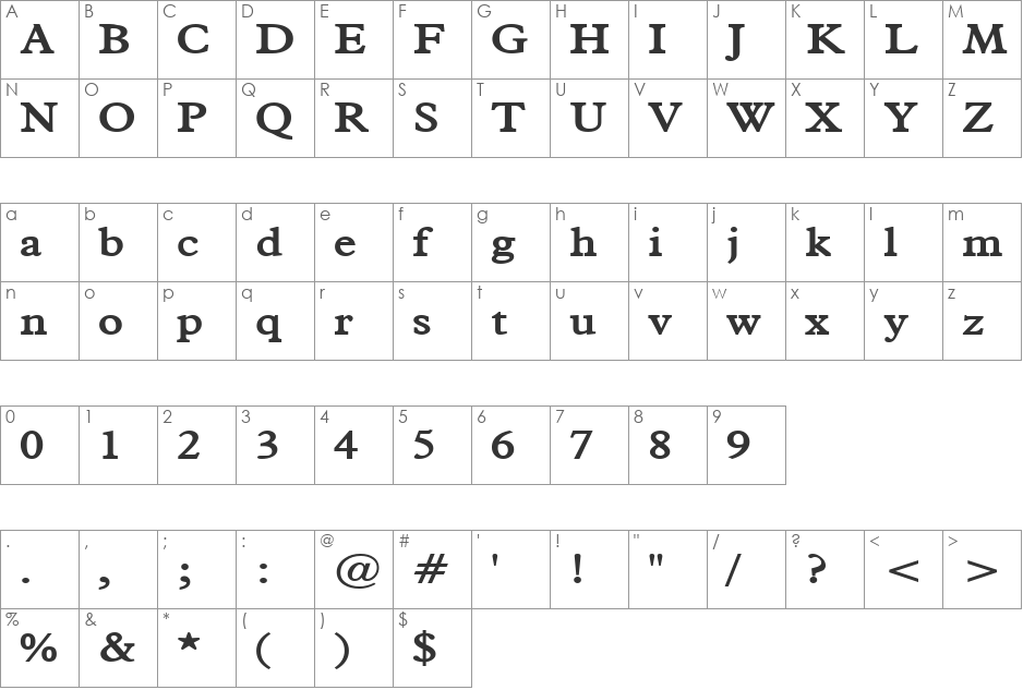 Nadine Wide font character map preview