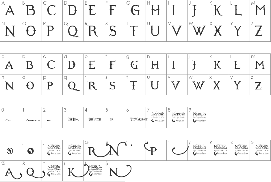 Narnia BLL font character map preview