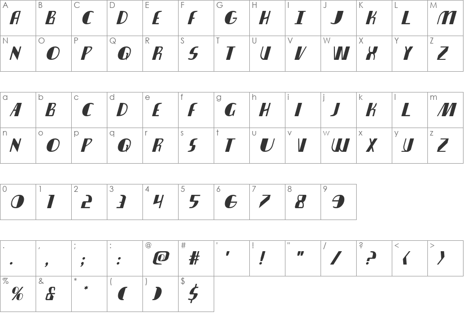 Nathan Brazil Italic font character map preview