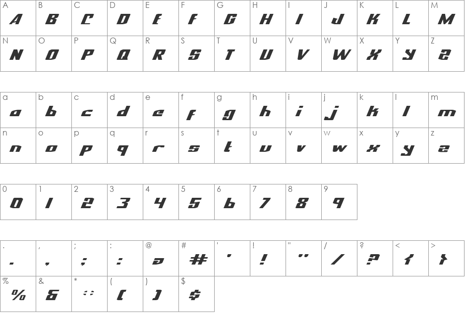 National Express Exp Italic font character map preview