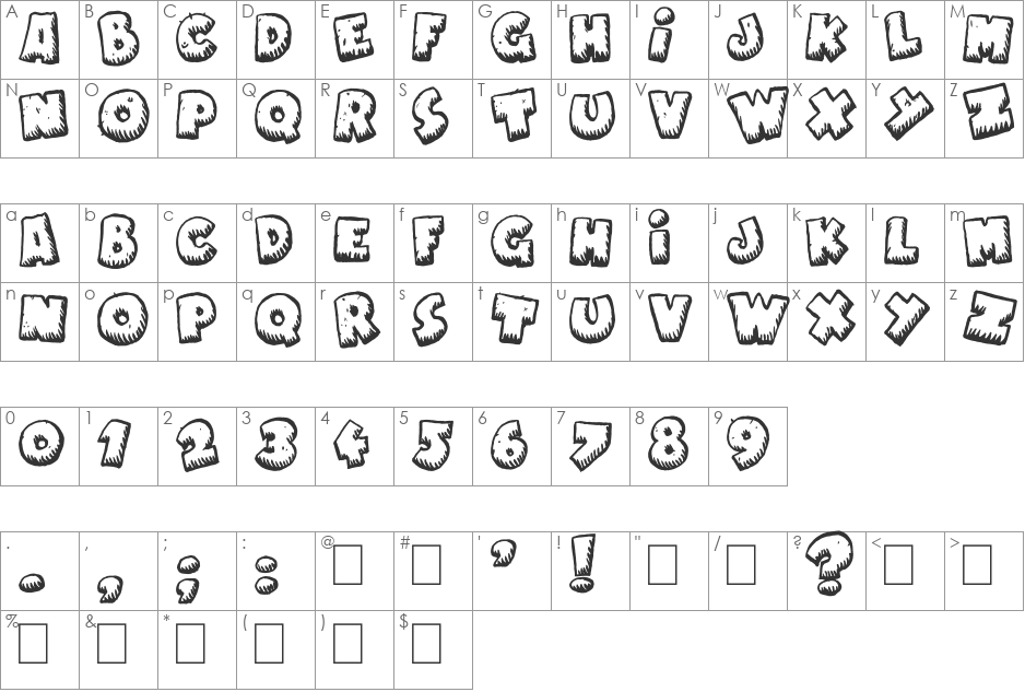 Naughty Cartoons font character map preview