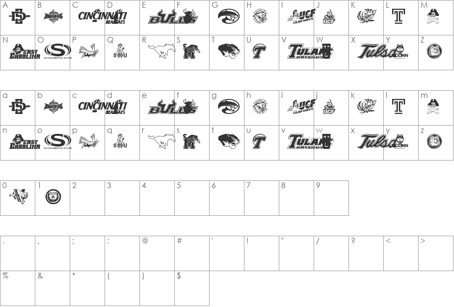 NCAA The Americans font character map preview