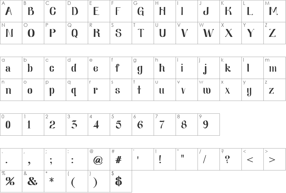Nearly Dignified font character map preview