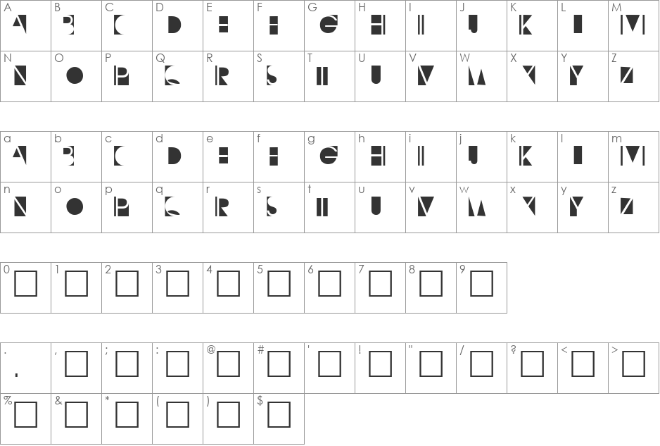 NegativeO font character map preview
