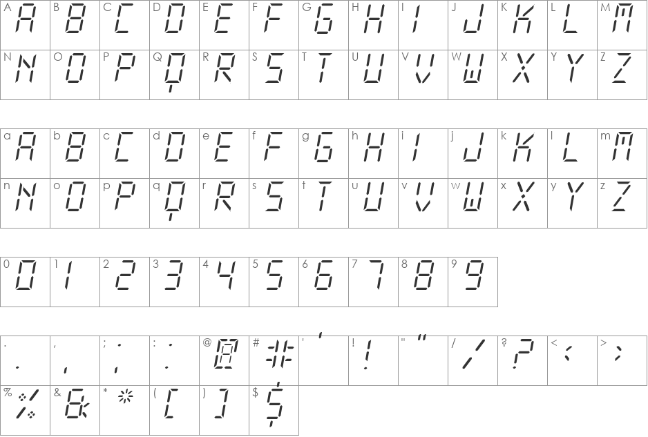New X Digital tfb font character map preview