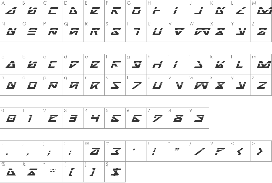 Nick Turbo Bold Expanded ItLas font character map preview