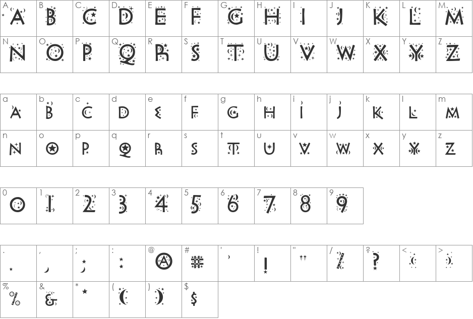 Night Sky font character map preview