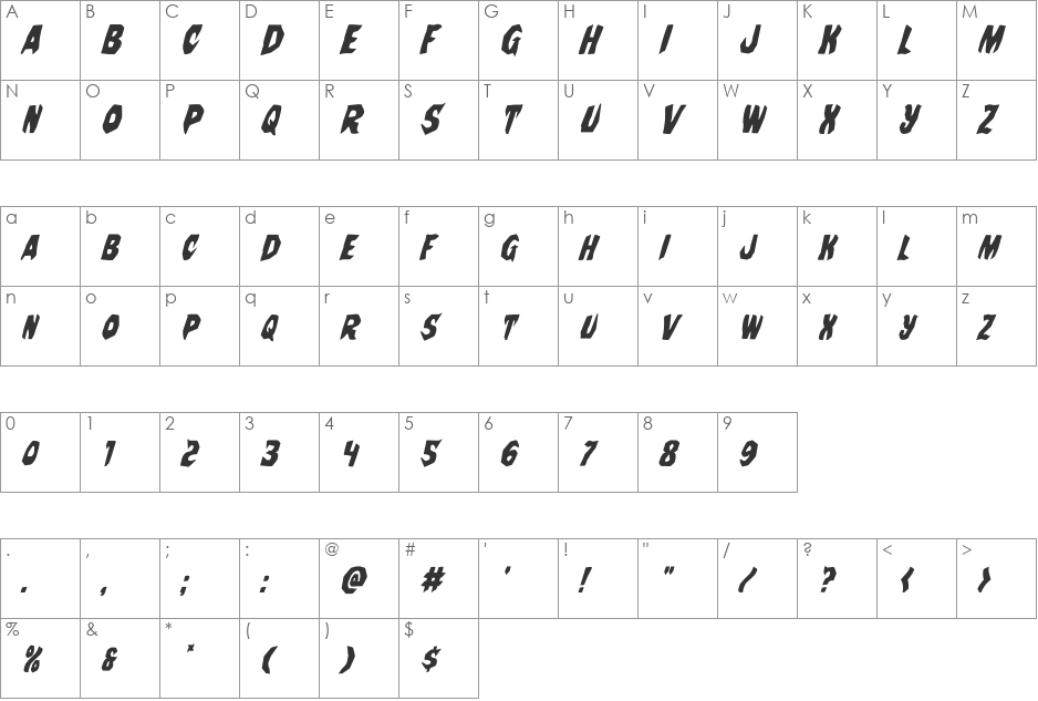 Nightchilde Condensed Italic font character map preview