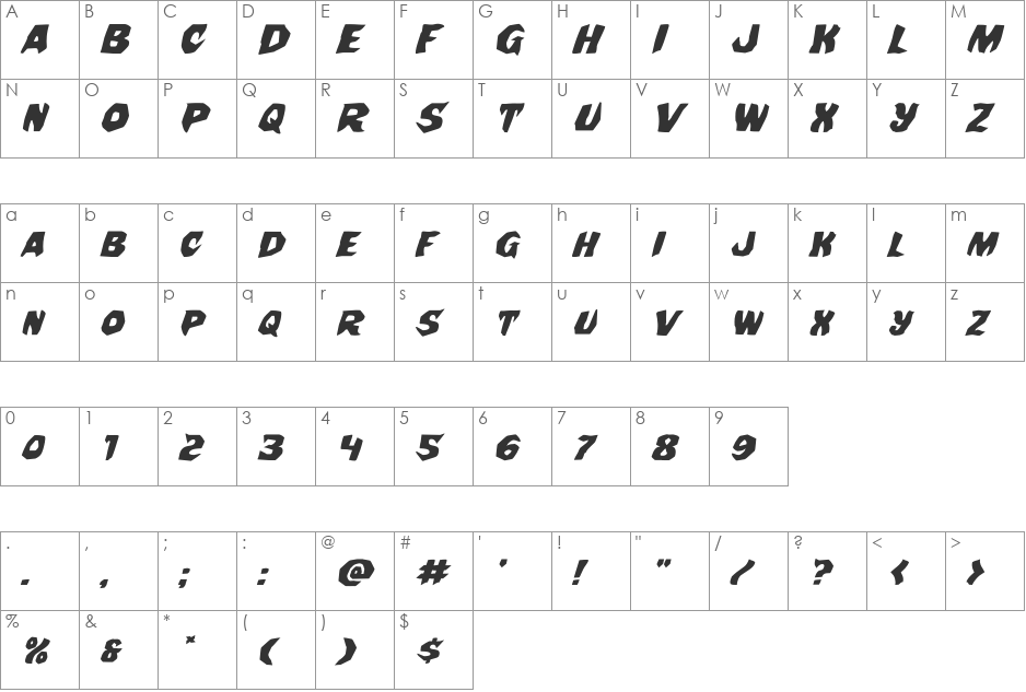 Nightchilde Expanded Italic font character map preview