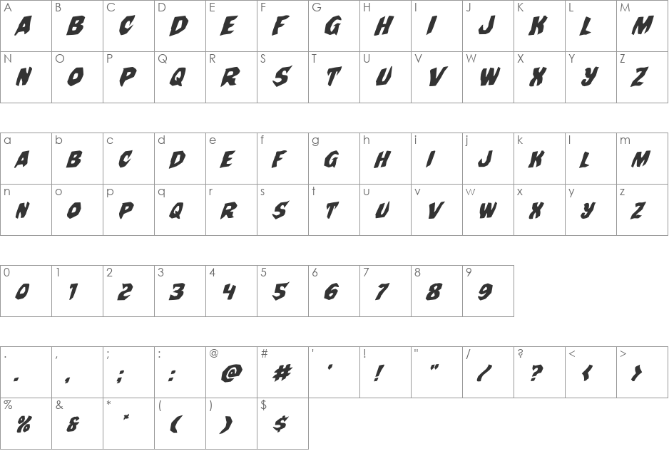 Nightchilde Rotalic font character map preview