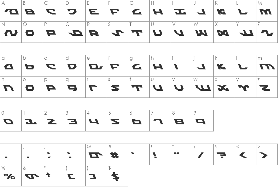 Nightrunner Leftalic font character map preview