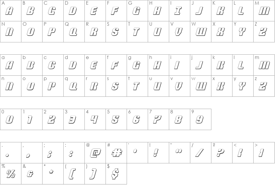 Nightwraith 3D Italic font character map preview