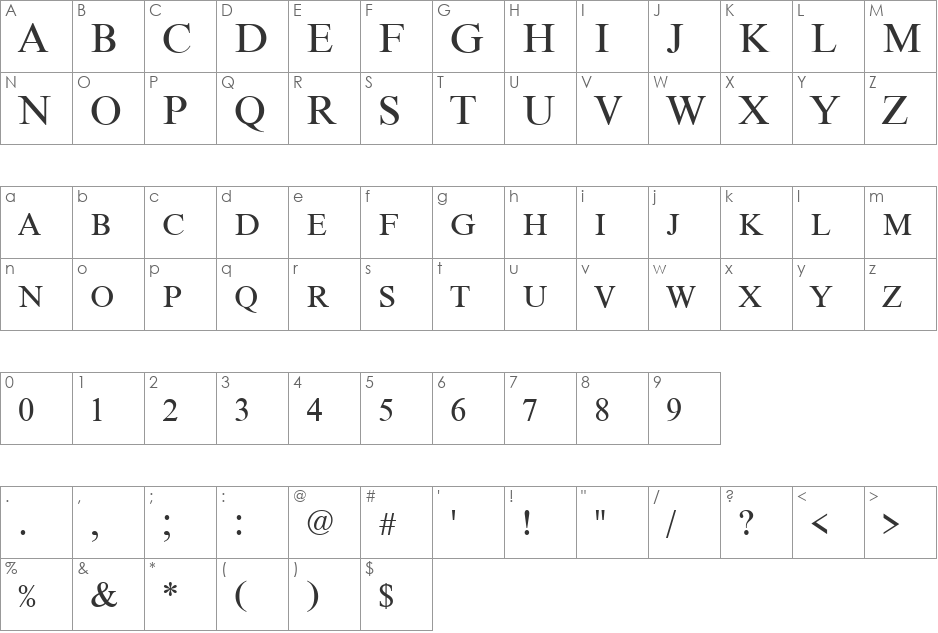NimbusRomNo9DCDReg font character map preview