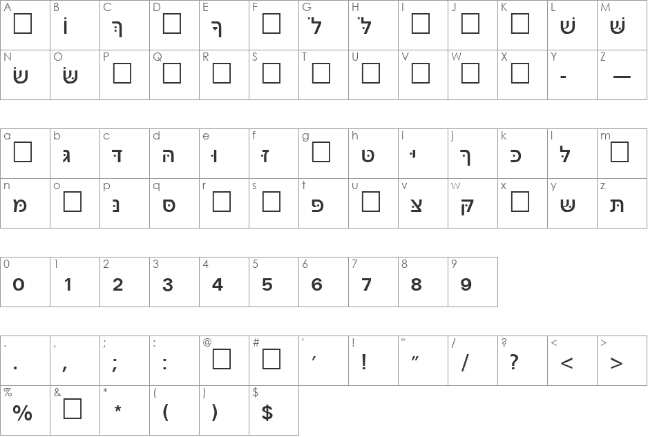 Noam New Hebrew font character map preview