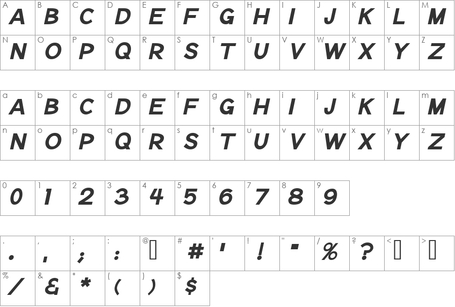 Notation Italic Light JL font character map preview