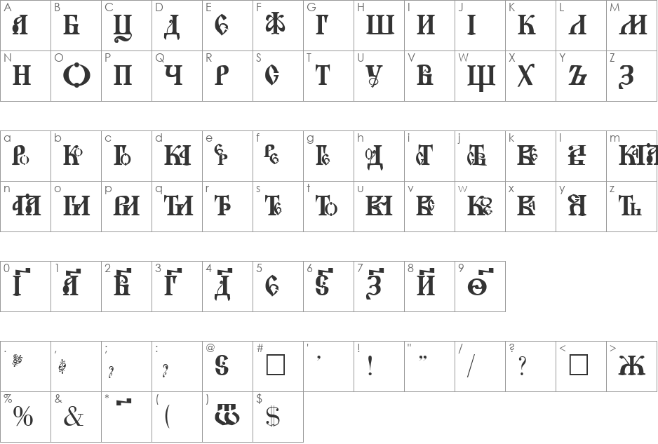 Novgorod font character map preview