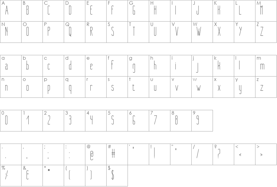 Nue font character map preview