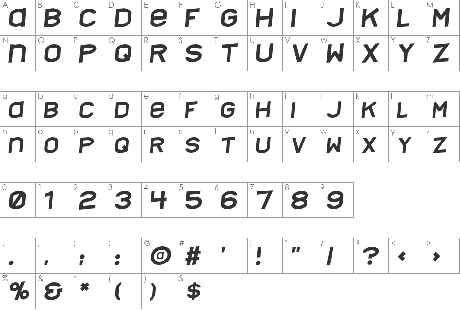 Nyctalopia tilt font character map preview