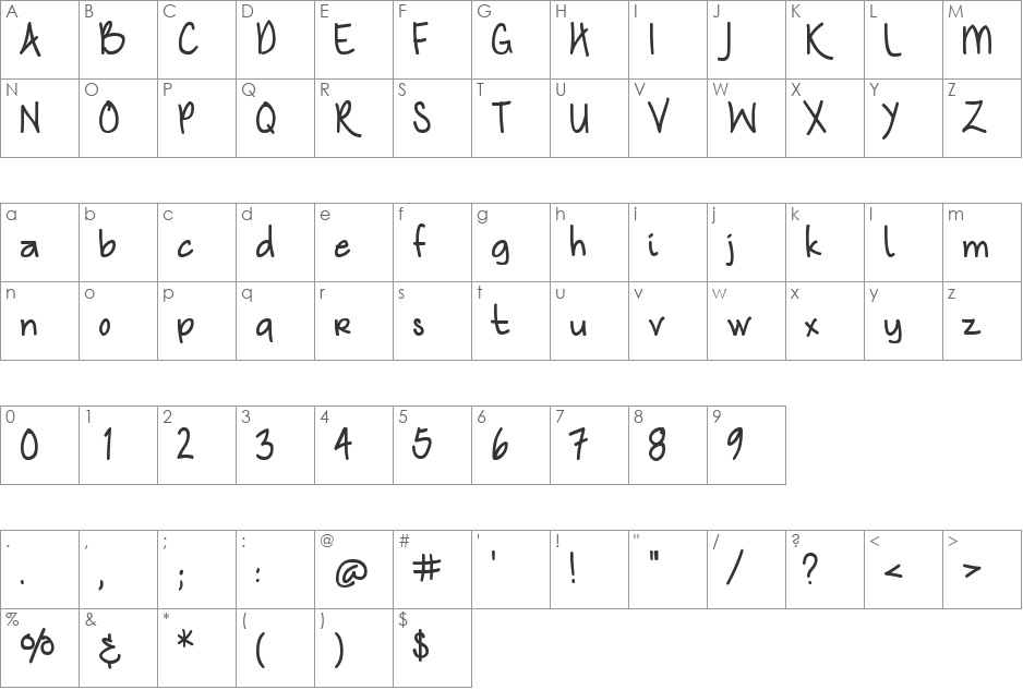 Nymph's Handwriting font character map preview
