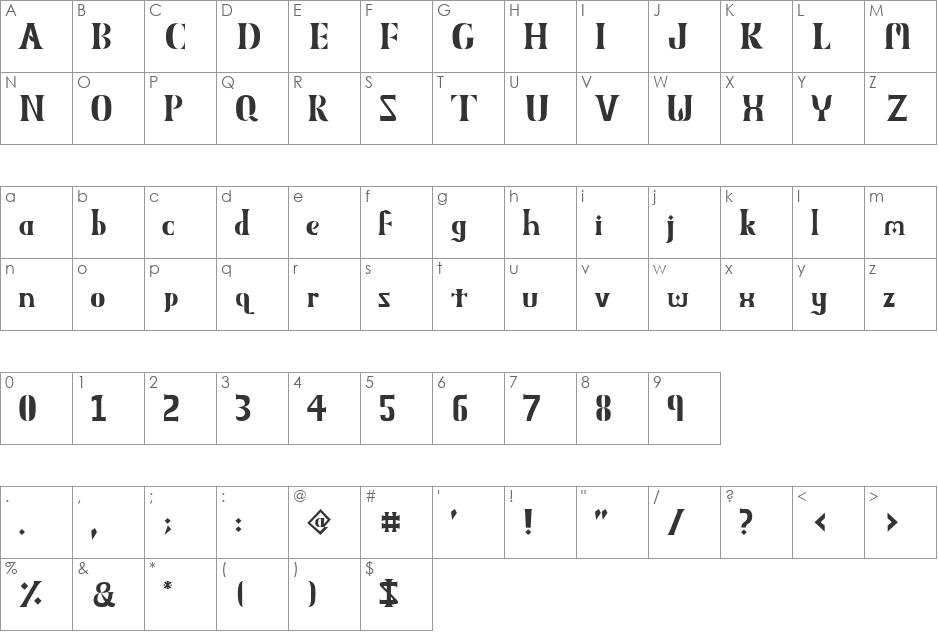 Obelisk MXVV font character map preview
