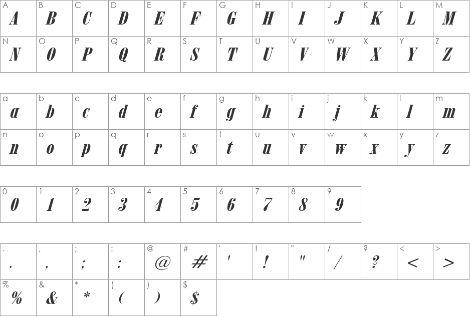 ObeliskGrand font character map preview