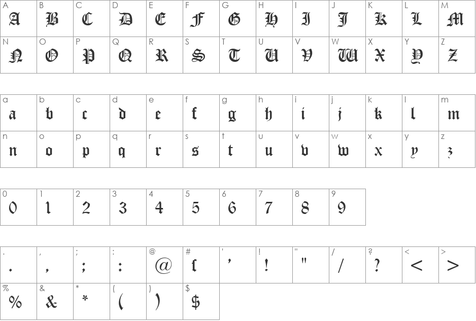 Old London DB font character map preview