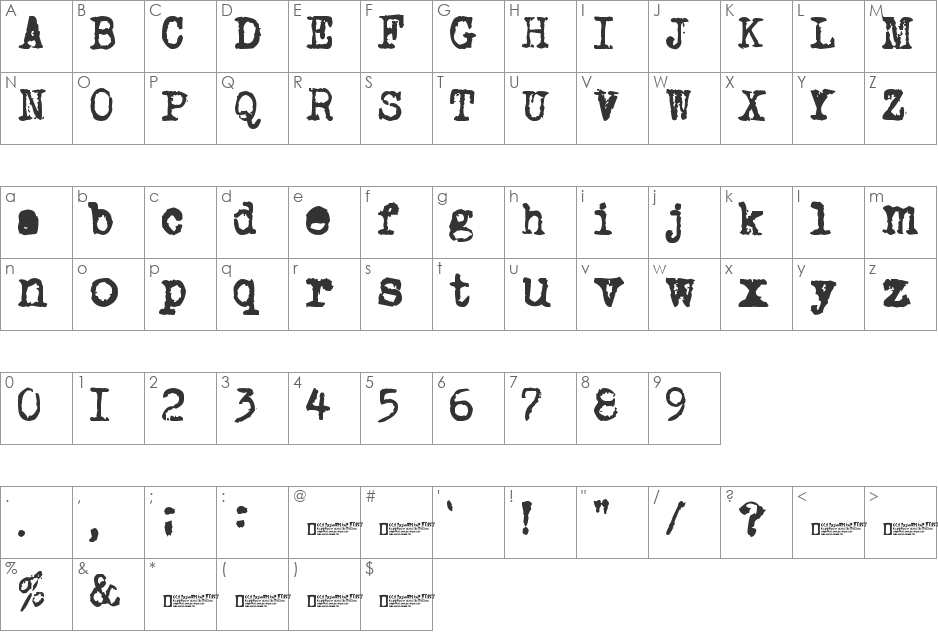 Old typewriter font character map preview