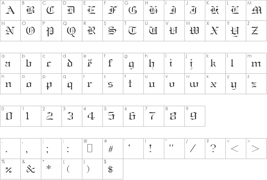 Old-English font character map preview