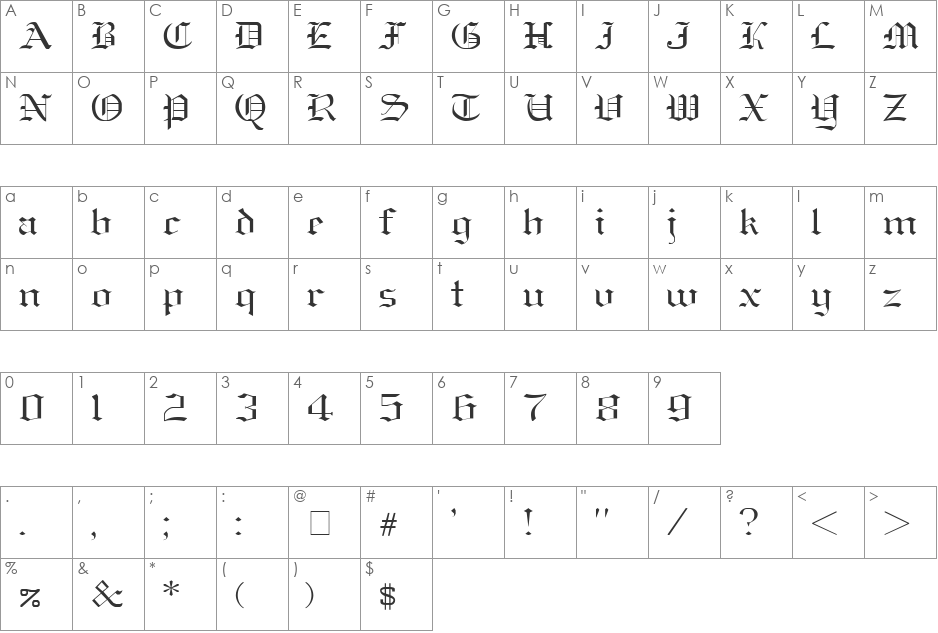 Old-English-Nue font character map preview